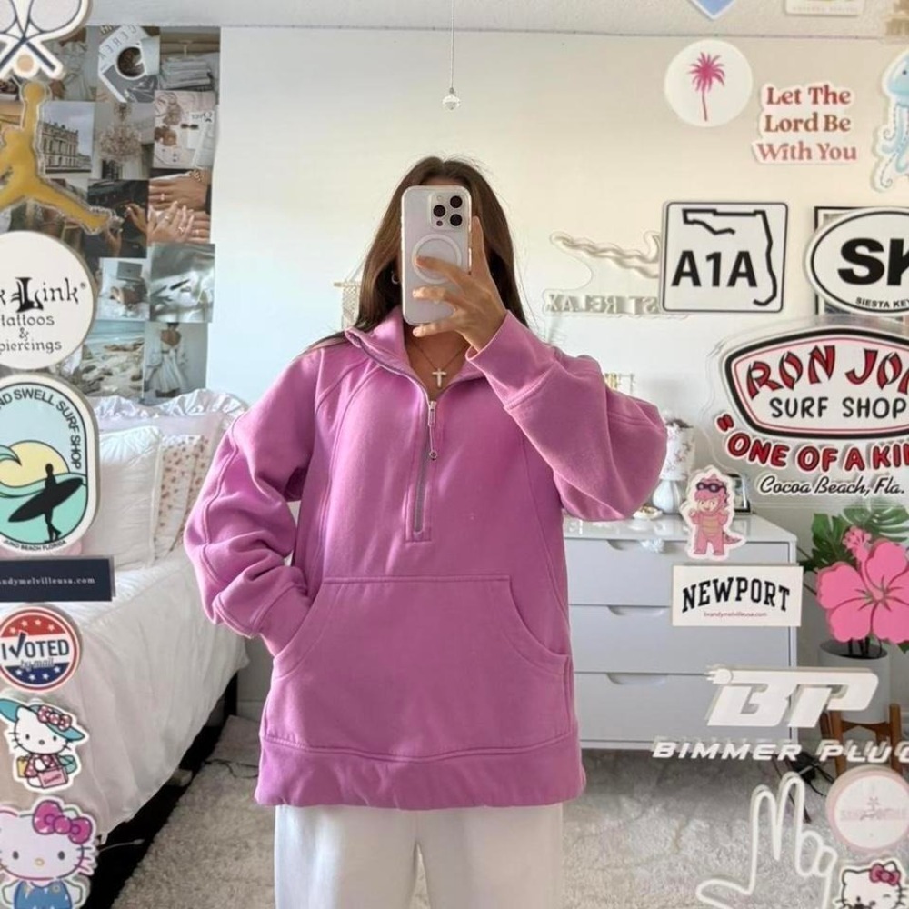 Pink Lululemon Scuba Oversized Funnel Neck Half Zip Sweatshirt with pockets